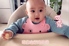 宝宝手上拿着食物锻炼自主进食，转了一圈也没吃到嘴里，萌态百出视频封面