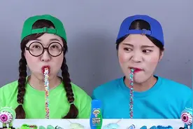 蓝色VS绿色糖果挑战，有可爱的棉花糖和好玩的筛子糖果，超有趣！视频封面