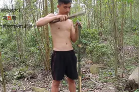 小伙野外求生，为了在荒野生存，用竹子和树皮制作了一把弯弓