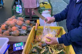 街头大哥摆摊卖菠萝，10元3个，鲜甜、多汁，吃着真解馋视频封面