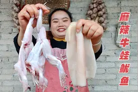 梅子买3只大牛蛙1斤鱿鱼，做香辣牛蛙鱿鱼，肉质滑嫩，香辣过瘾