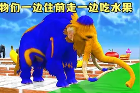 益智动画：动物们一边住前走一边吃水果，穿过喷泉后变成了大长腿视频封面