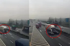 监拍：汽车违法变道遭货车撞飞后被撞回货车前 货车司机狂踩刹车视频封面