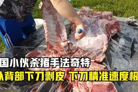 外国小伙分割猪肉手法奇特，从背部开刀剥皮，下刀精准，速度极快视频封面