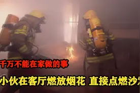 外国小伙极限作死，在客厅中燃放烟花，散落的火星点燃整个沙发视频封面