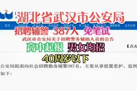湖北武汉招聘辅警387人,免笔试,月薪4470--5060元,高中,40岁以下视频封面