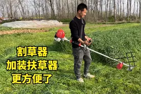 自从买一台割草机，小伙这割草速度变快了，加装一个扶草器更顺手