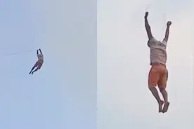 实拍：男子放巨型风筝被带到十多米高空 坚持超1分钟精疲力尽坠下视频封面