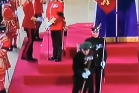 英国一卫兵为女王灵柩守夜时突然晕倒 直挺挺向前倒下拍在地板上视频封面