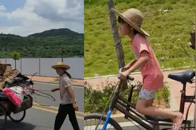 小女孩蹬三轮车卖废品赚零花钱，外婆在后面一边走一边推视频封面
