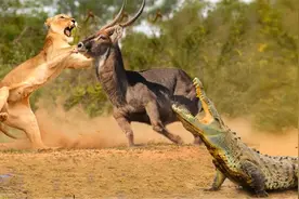 花豹喝水被狮子盯上，吓的花豹都不敢，直视狮子的眼睛扭头就跑视频封面