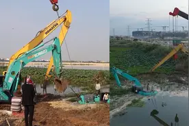 20吨挖机掉入淤泥塘，吊车来救却越陷越深，你猜它如何上来的？视频封面