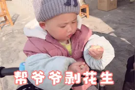 1岁宝宝帮80岁爷爷剥花生，一个闹一个笑，爷孙俩难得的温馨时刻视频封面