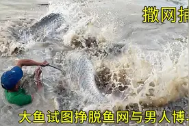 男人撒网捕鱼，一条大鱼突然腾空飞起！视频封面