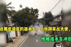 盘点那些调皮的洒水车，小伙蹲草丛大便，惨被洒水车冲倒视频封面