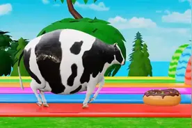 奶牛吃甜甜圈，一口又一口吃得圆滚滚的