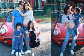 38岁钟嘉欣晒3胎孕照，孕晚期轻松单手抱娃，搂抱外籍老公太甜蜜