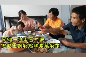 网购电压力锅，媳妇做电压锅焖整鸡，还做了焖饼，全家配着西瓜吃视频封面