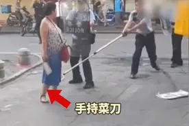 大妈手持双菜刀上街，路人纷纷避让，民警劝说无果后将其制服视频封面
