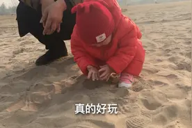 宝爸带娃去黄河滩玩沙子，开发新技能狗刨式挖沙视频封面
