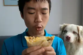 早餐吃肯德基鸡肉卷，鸡肉挑出来，都给狗子吃，非常有爱心的小伙