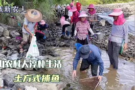 农村人用古老方法-拦河捕鱼，20多个人忙了半天，看捉到多少鱼？