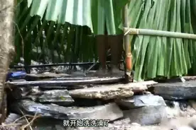 越南美女小姐姐野外原始生活，建造露天浴室，在野外用山泉水洗澡