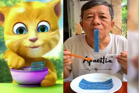 会说话的汤姆猫：金杰猫挑战吃蓝色山楂条和红木瓜，甜甜的嚼不停