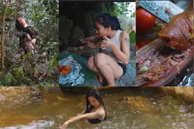 美女野外选好营地，先在河里洗个澡，然后惬意的享受美食！视频封面