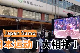 在日本福岛车站现场的相扑比赛直播，现场人山人海视频封面