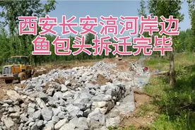 西安长安大道鱼包头村拆迁完，滈河大桥下新路施工，铁丝网石头堤视频封面