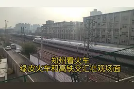 在郑州看火车，遇到绿皮火车和高铁交汇的壮观场面，太震撼了视频封面