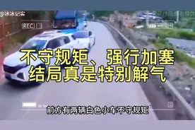白车在堵车路段想强行插队加塞，却不料对面驶来大车，结局真解气视频封面