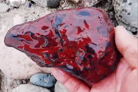 古老的河道，发现玻璃质感的石头，是不是鸡血石就很难说了