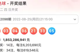 双色球第22098期开奖号码，二等奖34注，每注有60多万了，涨了。视频封面