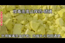 硫磺，有外用和内服，生活中常用作外用， 外用解毒杀虫疗疮。视频封面