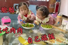双胞胎姐妹光吃肉不吃菜，主动给宝爸端米饭、递筷子，举动太暖心视频封面