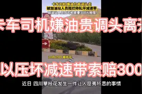卡车司机嫌油贵调头离开，被员工以压坏减速带索赔300元。视频封面