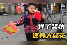 儿子得到三好学生奖状和优秀学生的大红花，妈妈为他高兴！视频封面