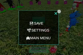 《迷你世界》游戏界面，选择“保存”、“设置”或“主菜单”