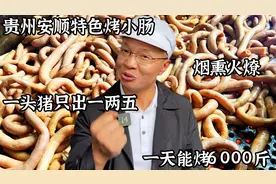 贵州安顺特色烤小肠，一头猪只出一两五，烟熏火燎一天能烤6000斤