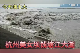 看看今天的杭州美女坝钱塘江大潮，3点20准时到达，潮水排山倒海视频封面