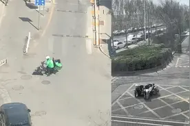 实拍北京大风！外卖小哥艰难送餐，电动车失控摔倒 餐盒掉一地。