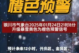 银川市气象台2025年01月24日21时8分升级暴雪黄色为橙色预警信号:预计未来12小时，兴庆区、金凤区、西夏区、永宁县、灵武市累计降雪量将达到10毫米以上，请相关部门和广大群众注意预防。@抖音短视频 #2025年首个寒潮预警发布 #暴雪视频封面