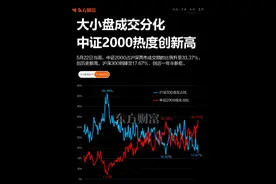 大小盘分化，中证2000成交占比创历史新高 近期，小盘股持续活跃，引发市场关注。据东方财富Choice数据，截至5月22日，本周中证2000指数占沪深两市成交额的比例达33.37%，创历史新高；而沪深300指数的占比则下滑至17.67%，创2023年11月以来的新低。  沪深300指数和中证2000指数代表了市场中的两种风格。沪深300指数的成分股汇聚大盘蓝筹，平均市值高达1918.6亿元；中证2000指数则是反映小盘股的表现，成分股平均市值仅49.8亿元。  从历史数据来看，2023年11月24日当周，沪深300指数成交占比低至16.92%，中证2000指数的占比为32.76%，大小盘成交分化幅度与当前相仿。当时中证2000创下2513.13点的高点后开始调整，最低跌至1503.44点。  再往前看，中证2000指数与沪深300指数的成交占比曾在2021年2月10日当周出现过“极致分化”，沪深300指数在当时占两市成交额的比例高至46.19%，并涨至5930.91点的历史新高，沪指也同时创下了3731.69点的近年最高点。#中证2000 #行情分化 #沪深300 #财经视频封面