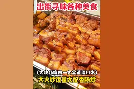 块装红烧肉搭配各种炒菜～两张大饼淋上卤汁儿 一口咬下去幸福满满～大叔家大火炒饭量真大 灌的香肠很好吃 #妈呀太香了 #路边摊美味 #夜市里的烟火气 #街头美食 #街边小吃视频封面