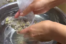 今天把奶奶教我的古法真空包装方法，利用水的压力把里边的空气慢慢的压出来，在里边转几圈转紧实，然后拿出来打个结，这样就成真空包装的了，蚕豆吃不完蒸熟后你就像我这样做放冰箱冷冻保存一年也不会坏，你学会了吗？#真空包装 #小妙招视频封面