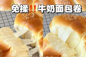免揉❗️免厨师机❗️（水合法）拉丝牛奶面包卷 做法简单！新手也能一次成功 高筋面粉450g 鸡蛋1个 牛奶125g 水85g 白糖70g（不喜甜可减糖） 盐3g、耐高糖干酵母5g 黄油40g 液体根据面团适度预留10g#面包新手入门做法 #免揉面包 #牛奶面包卷 #免揉面包最简单的做法 #省饭课代表