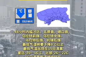 最低气温降至-26℃，巴彦淖尔市气象台2025年1月13日9时15分发布寒潮蓝色预警信号 #最新天气预报 #寒潮蓝色预警 #出行提示 #一起关注天气变化 #你好2025视频封面