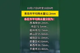 10月17日6时至18日6时，青岛市平均降水量52.3mm，降水量排在前三位的站点是：西海岸孙家屯水库115.0mm，西海岸胶南水文站110.3mm，西海岸泊里110.0mm，最大1小时降水量为西海岸新区胶南水文站58.2mm（18日04时-05时）。各区市平均降水量分别为：西海岸84.2mm，市区71.5mm，胶州市70.7mm，崂山区55.8mm，城阳区51.0mm，即墨区43.6mm，莱西市36.7mm，平度市33.4mm。各区市最大降水量站点分别为：西海岸新区孙家屯水库115.0mm，市区团岛105.5mm，平度市吴家口97.0mm，崂山区晓望95.5mm，胶州市铺集89.5mm，莱西市葛家埠水文站71.0mm，城阳区红岛63.5mm，即墨区移风店58.5mm。视频封面